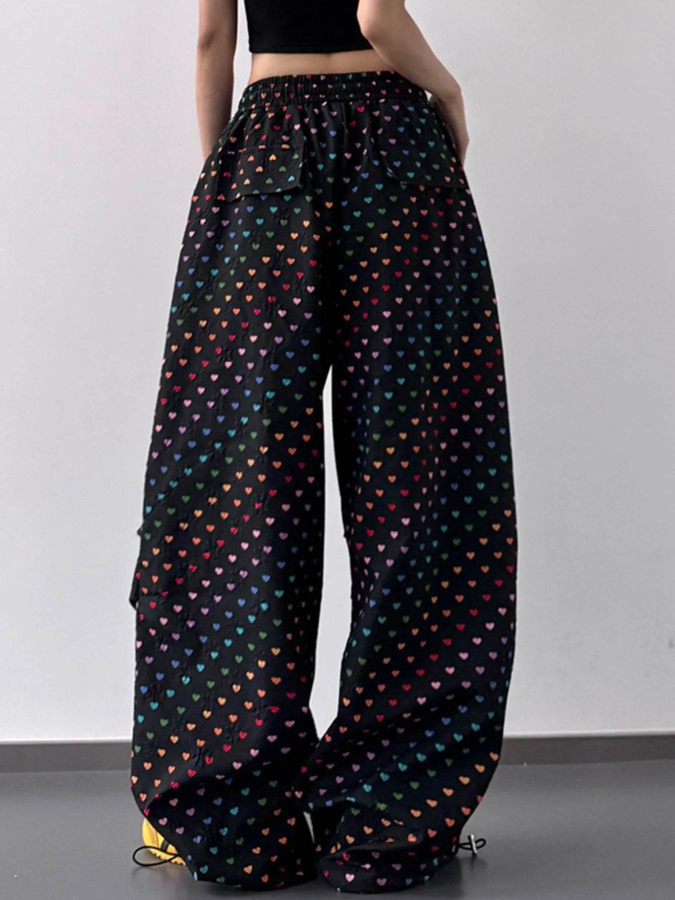 Heart Print Drawstring Wide Leg Pants - Byyde