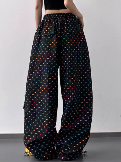 Heart Print Drawstring Wide Leg Pants - Byyde