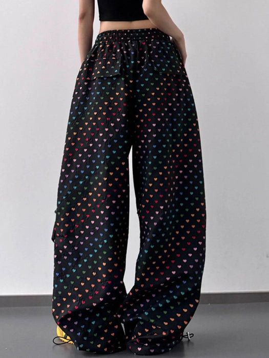 Heart Print Drawstring Wide Leg Pants - Byyde