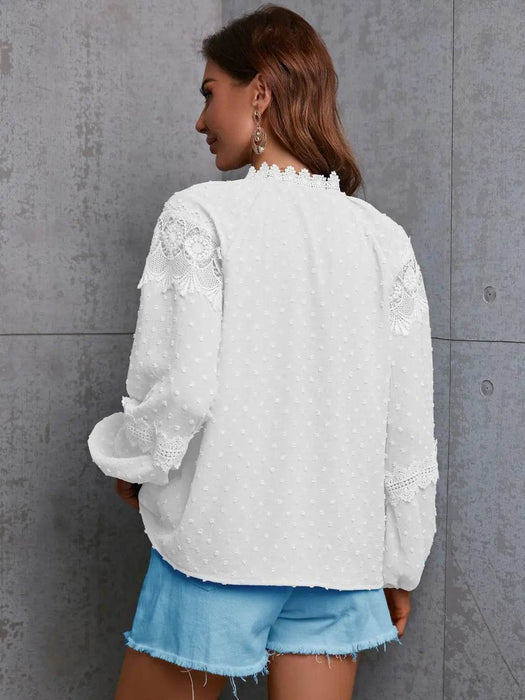 Crochet Tassel Tie Neck Long Sleeve Blouse - Byyde