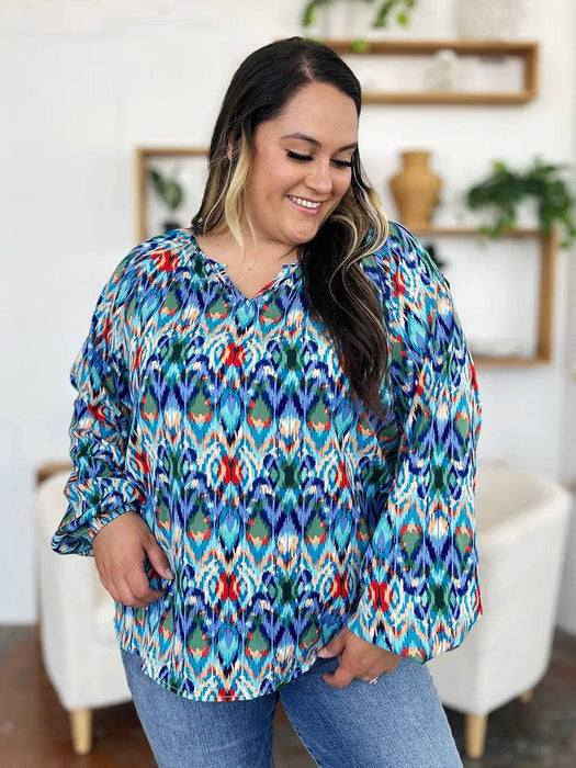Double Take Full Size Printed Balloon Sleeve Blouse - Byyde