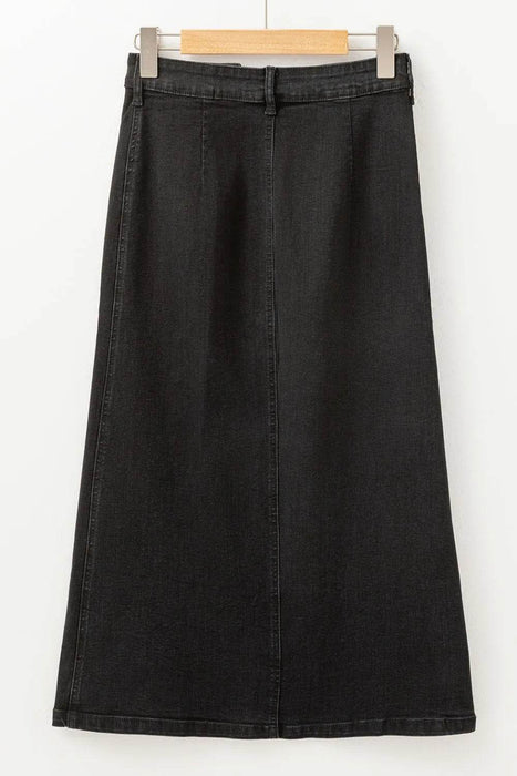 Button Fly Side Split Denim Midi Skirt - Byyde