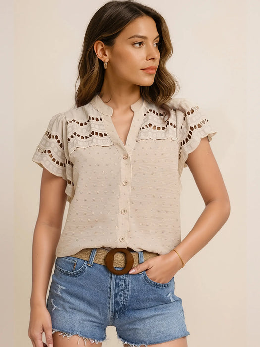 Swiss Dot Cutout Button Down Shirt - Byyde