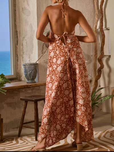 Printed Halter Neck Maxi Cami Dress - Byyde