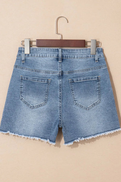 Pearl Beaded Raw Hem Wash Denim Shorts - Byyde