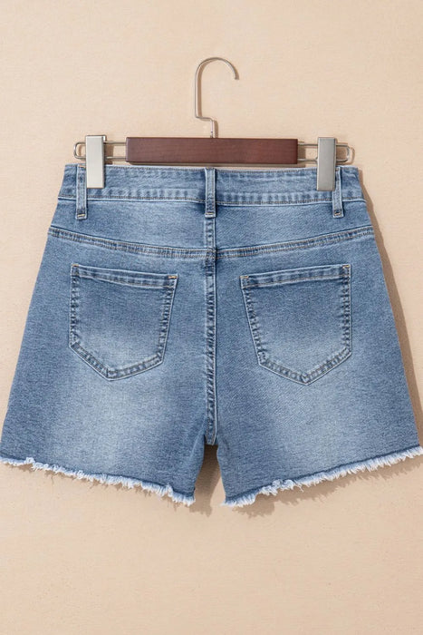 Pearl Beaded Raw Hem Wash Denim Shorts - Byyde