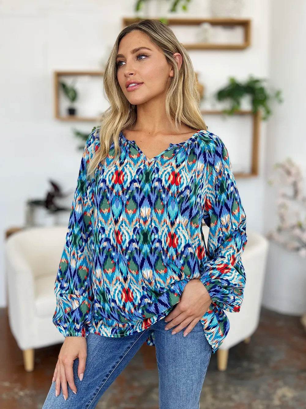 Double Take Full Size Printed Balloon Sleeve Blouse - Byyde