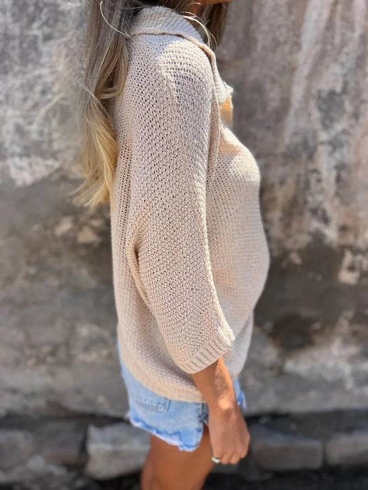 Full Size Johnny Collar Loose Knit Sweater Plus Size - Byyde
