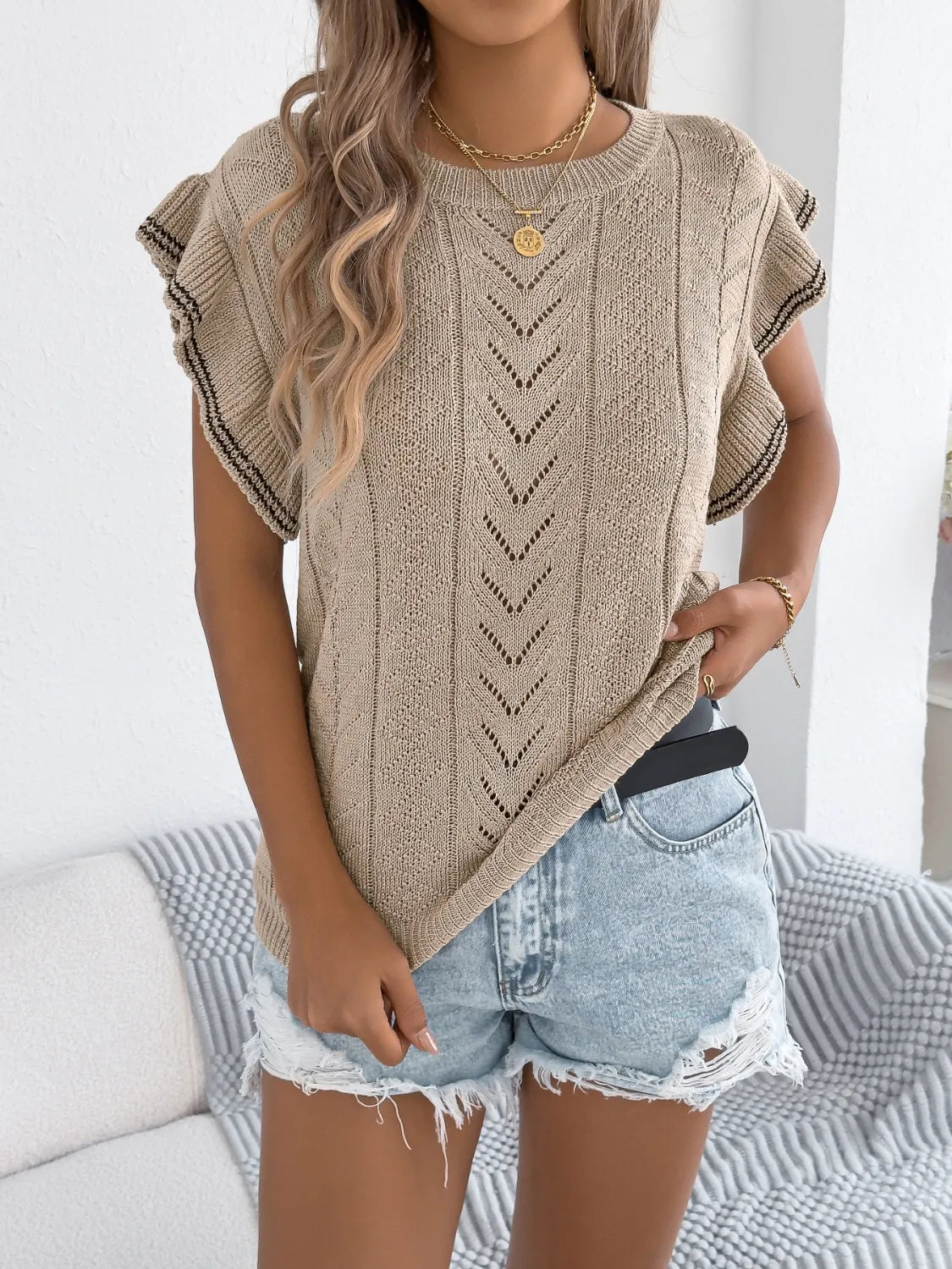 Openwork Round Neck Cap Sleeve Knit Top - Byyde