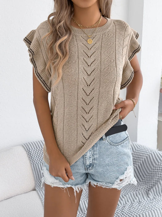 Openwork Round Neck Cap Sleeve Knit Top - Byyde
