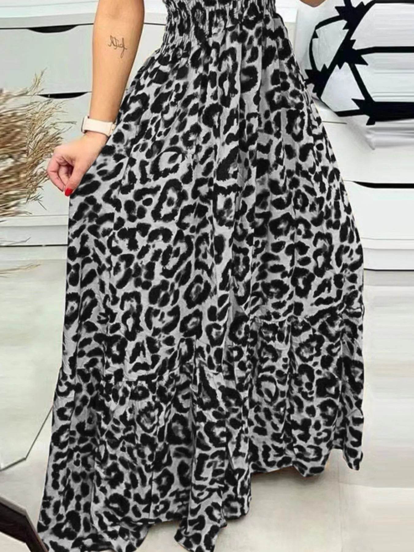 Full Size Leopard Print Spaghetti Strap Maxi Dress Plus Size - Byyde