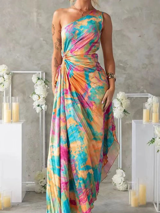 Printed One Shoulder Asymmetrical Maxi Dress - Byyde