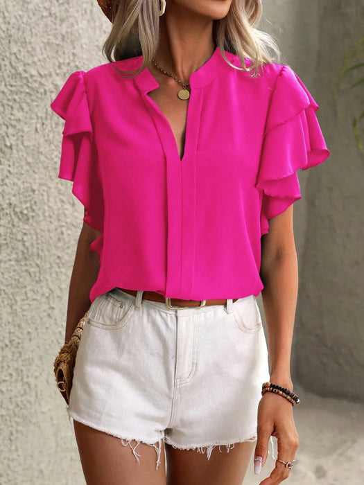 Ruffle Sleeve Notched Blouse - Byyde
