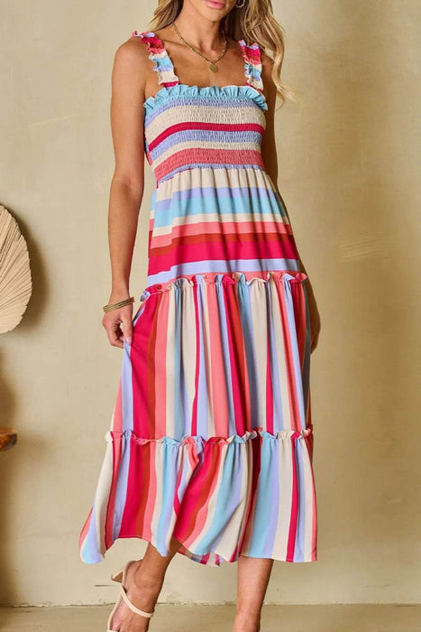 Contrast Stripe Wide Strap Smocked Tiered Dress - Byyde