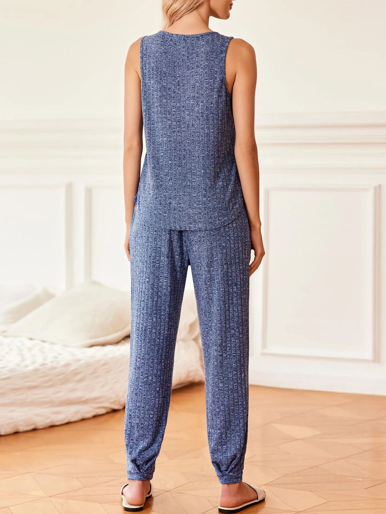 Ribbed Knit V-Neck Tank and Pants Lounge Set - Byyde