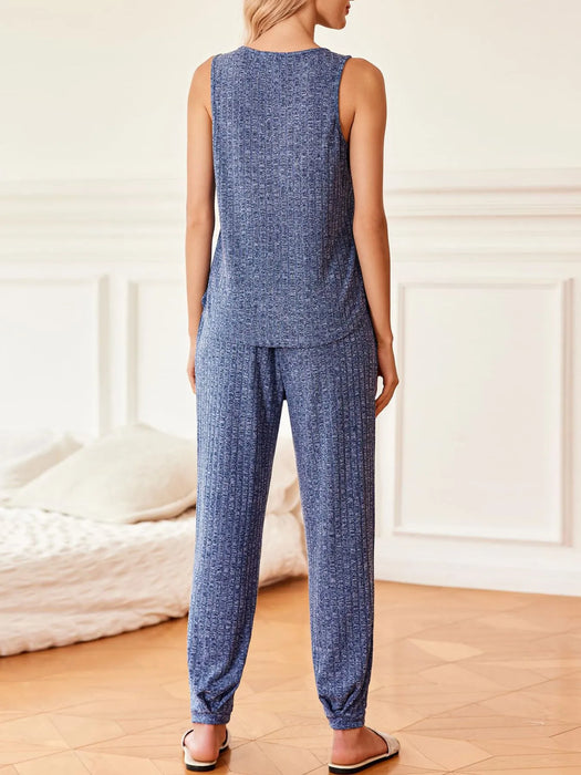 Ribbed Knit V-Neck Tank and Pants Lounge Set - Byyde