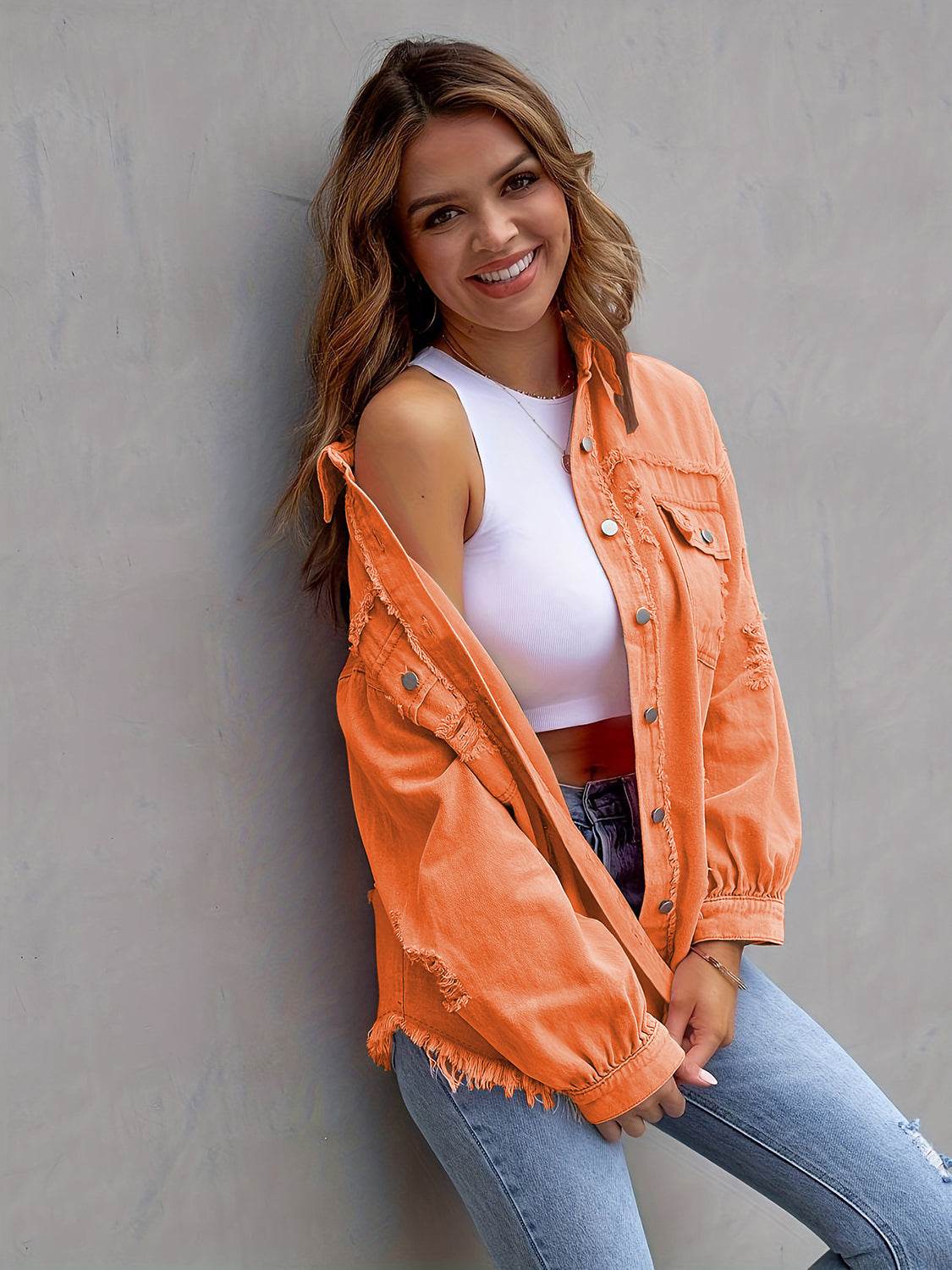 Distressed Drop Shoulder Denim Jacket - Byyde