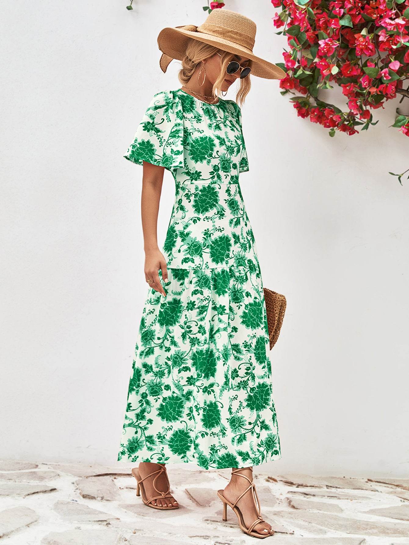 Floral Round Neck Tied Open Back Dress - Byyde