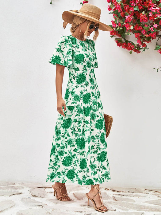 Floral Round Neck Tied Open Back Dress - Byyde