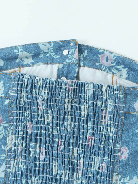 Floral Print Strapless Top and Skort Denim Set - Byyde