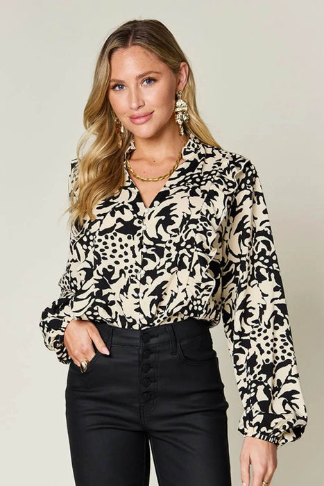 Double Take Full Size Printed Ruffle Trim Balloon Sleeve Shirt - Byyde