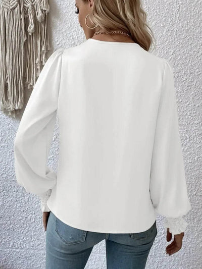 Surplice Smocked Lantern Sleeve Blouse - Byyde