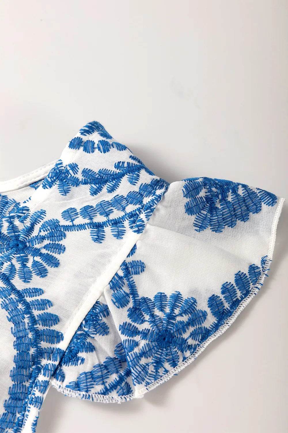 Boho Print Ruffled Cap Sleeve Crew Neck Blouse - Byyde