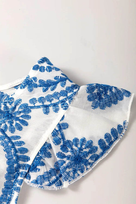 Boho Print Ruffled Cap Sleeve Crew Neck Blouse - Byyde