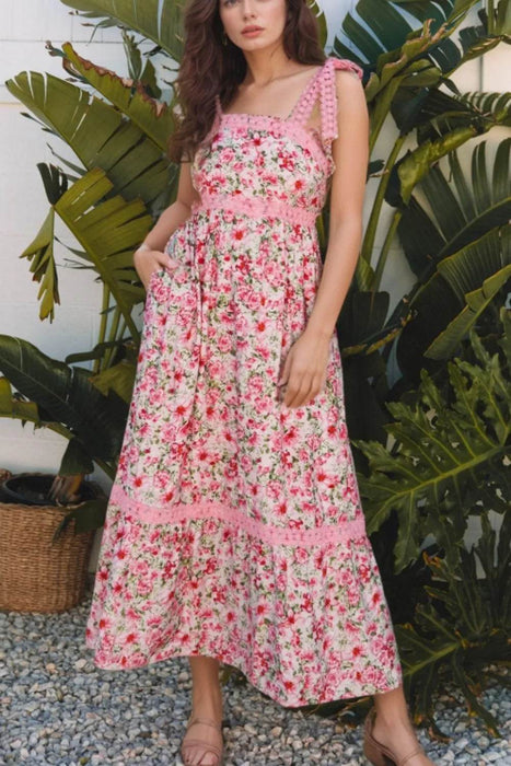 Floral Lace Tied Strap Square Neck Dress with Pockets - Byyde
