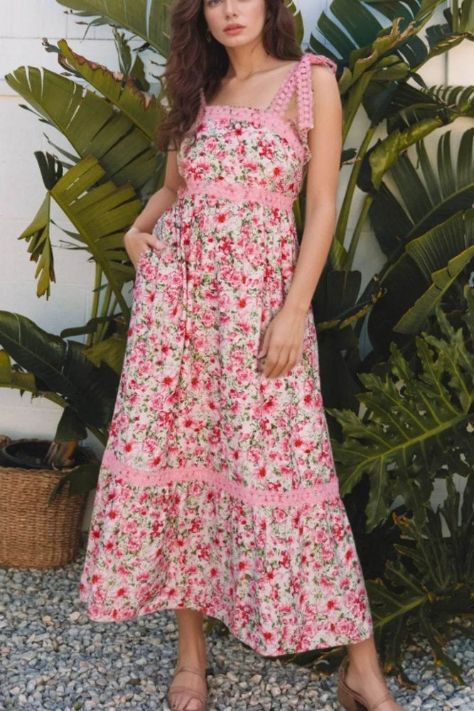 Floral Lace Tied Strap Square Neck Dress with Pockets - Byyde