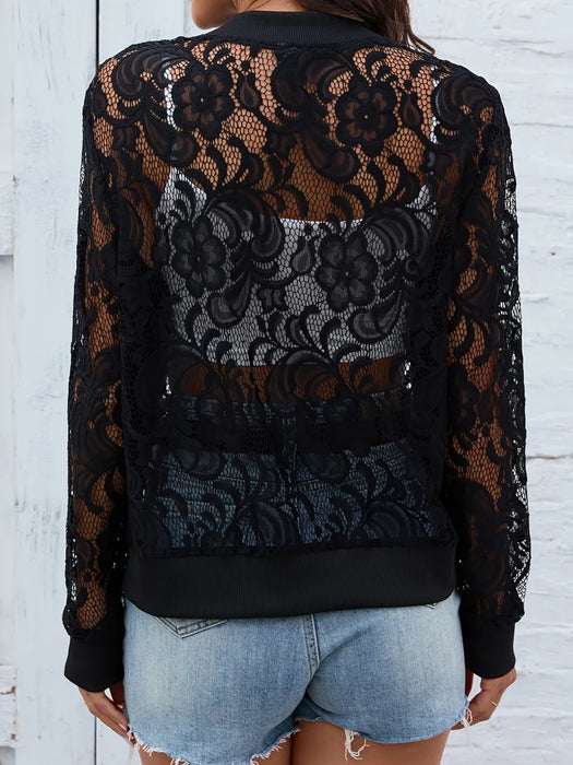 Sheer Lace Zip Up Long Sleeve Jacket - Byyde