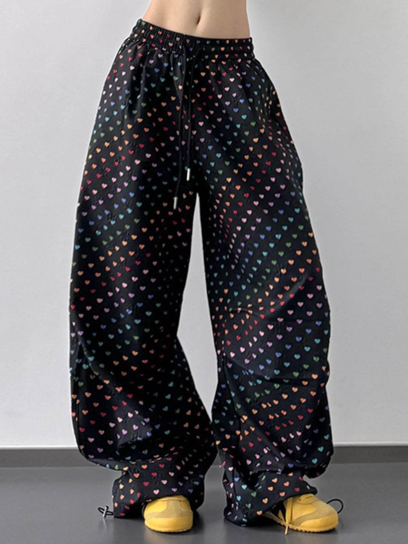 Heart Print Drawstring Wide Leg Pants - Byyde
