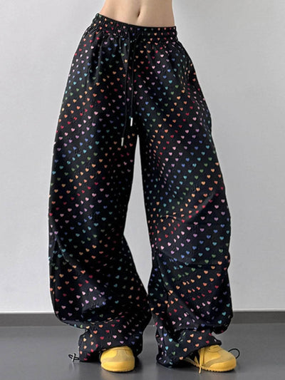 Heart Print Drawstring Wide Leg Pants - Byyde