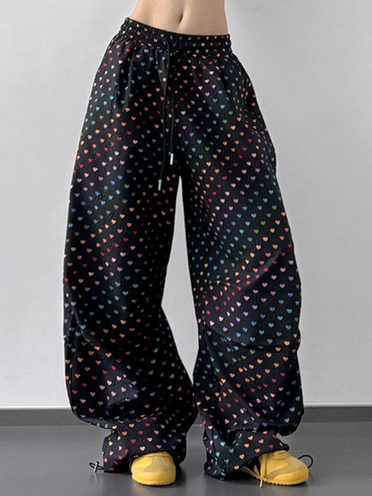 Heart Print Drawstring Wide Leg Pants - Byyde