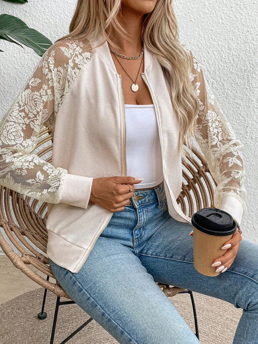 Lace Baseball Collar Zip Up Jacket - Byyde