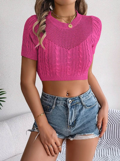 Cable Knit Openwork Round Neck Knit Top - Byyde