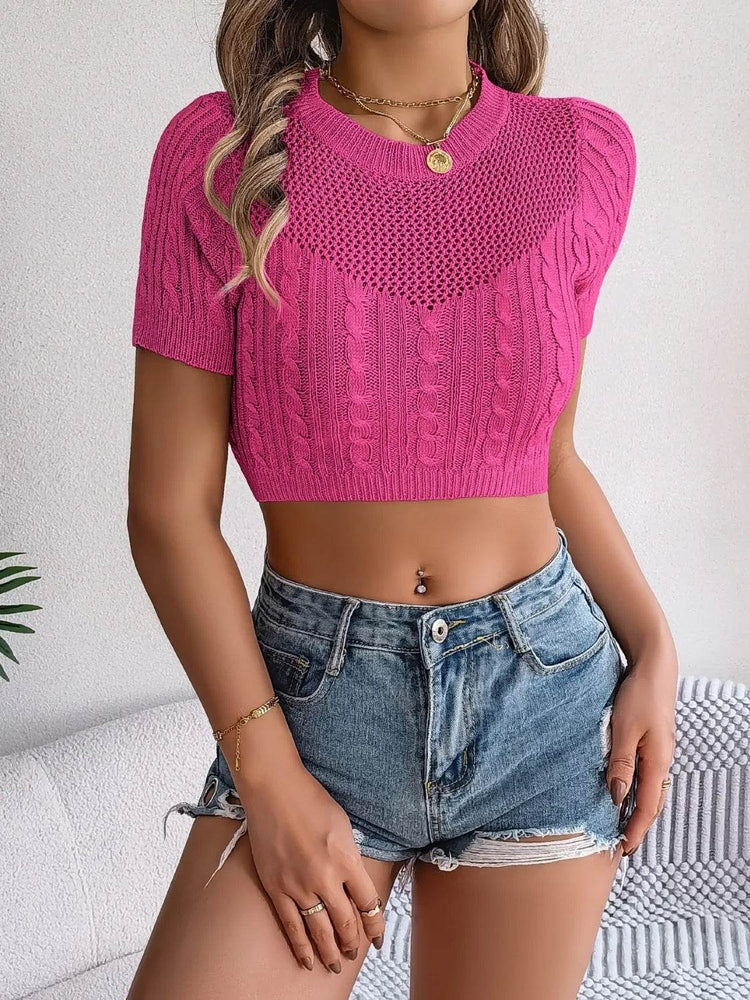 Cable Knit Openwork Round Neck Knit Top - Byyde