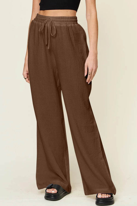 Double Take Full Size Texture Drawstring Wide Leg Pants - Byyde