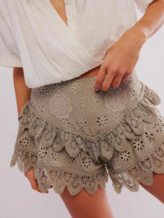 Lace Eyelet Ruffle Hem Shorts - Byyde
