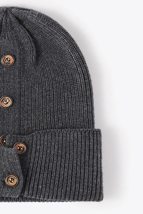 Button Detail Rib-Knit Cuff Beanie - Byyde