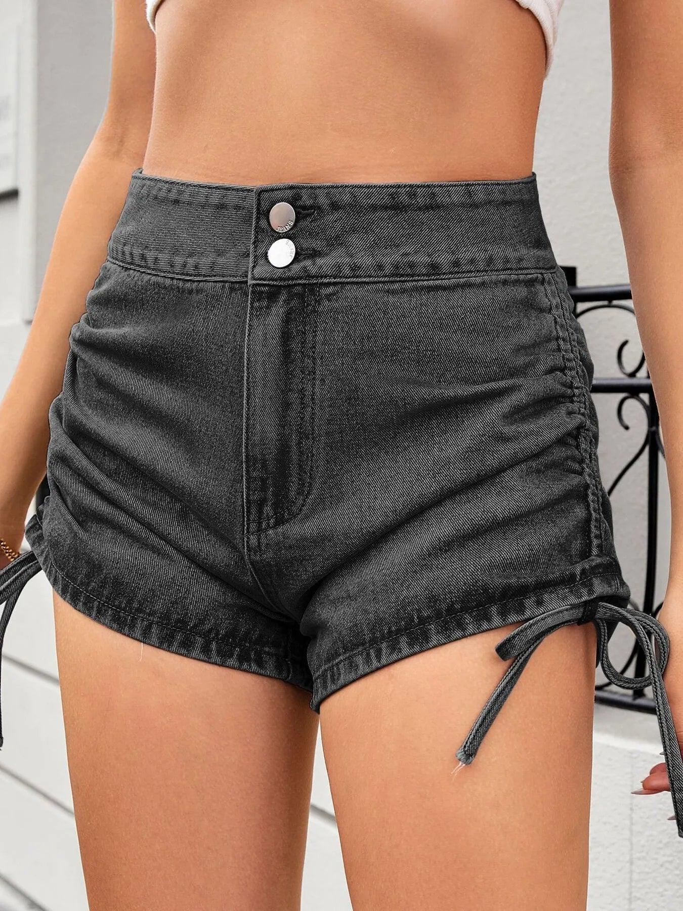 Ruched Side Drawstring Denim Shorts - Byyde