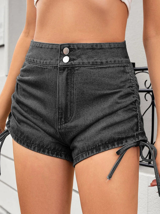 Ruched Side Drawstring Denim Shorts - Byyde
