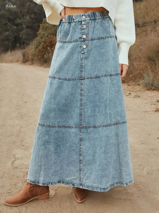 Button-Front Tiered Maxi Denim Skirt - Byyde