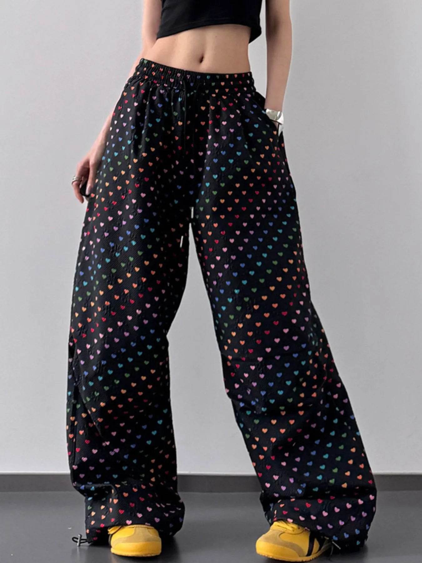 Heart Print Drawstring Wide Leg Pants - Byyde