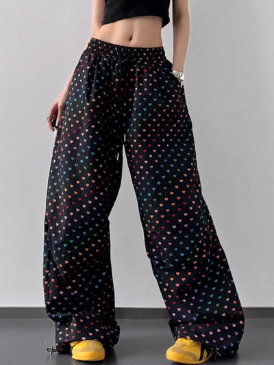 Heart Print Drawstring Wide Leg Pants - Byyde