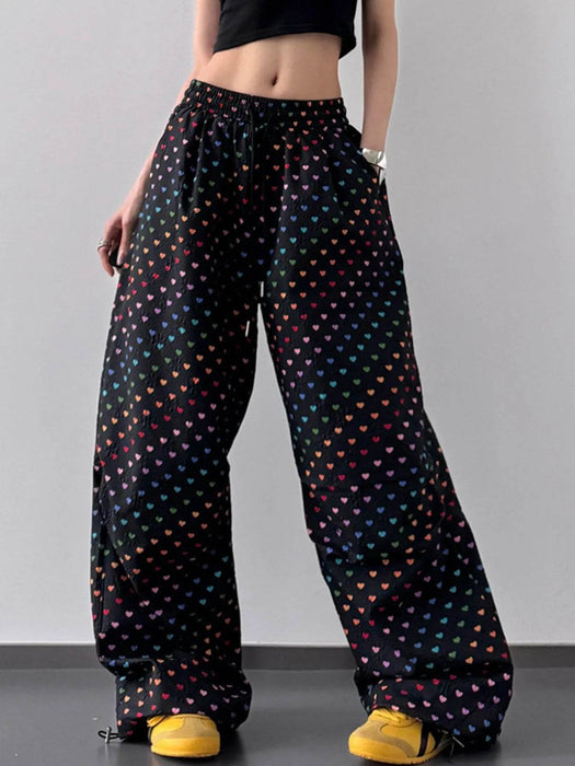 Heart Print Drawstring Wide Leg Pants - Byyde