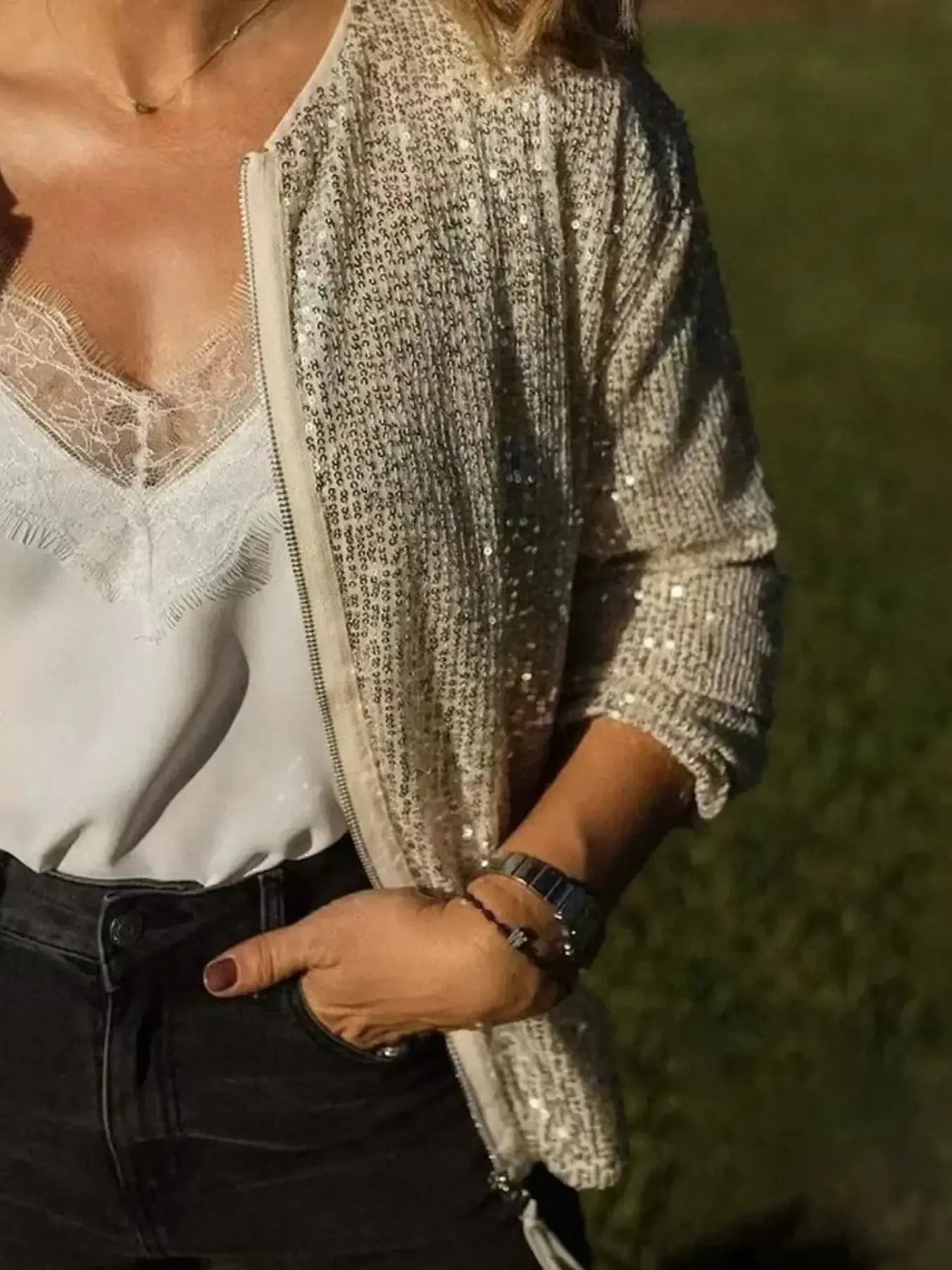 Sequin Zip Up Long Sleeve Jacket - Byyde