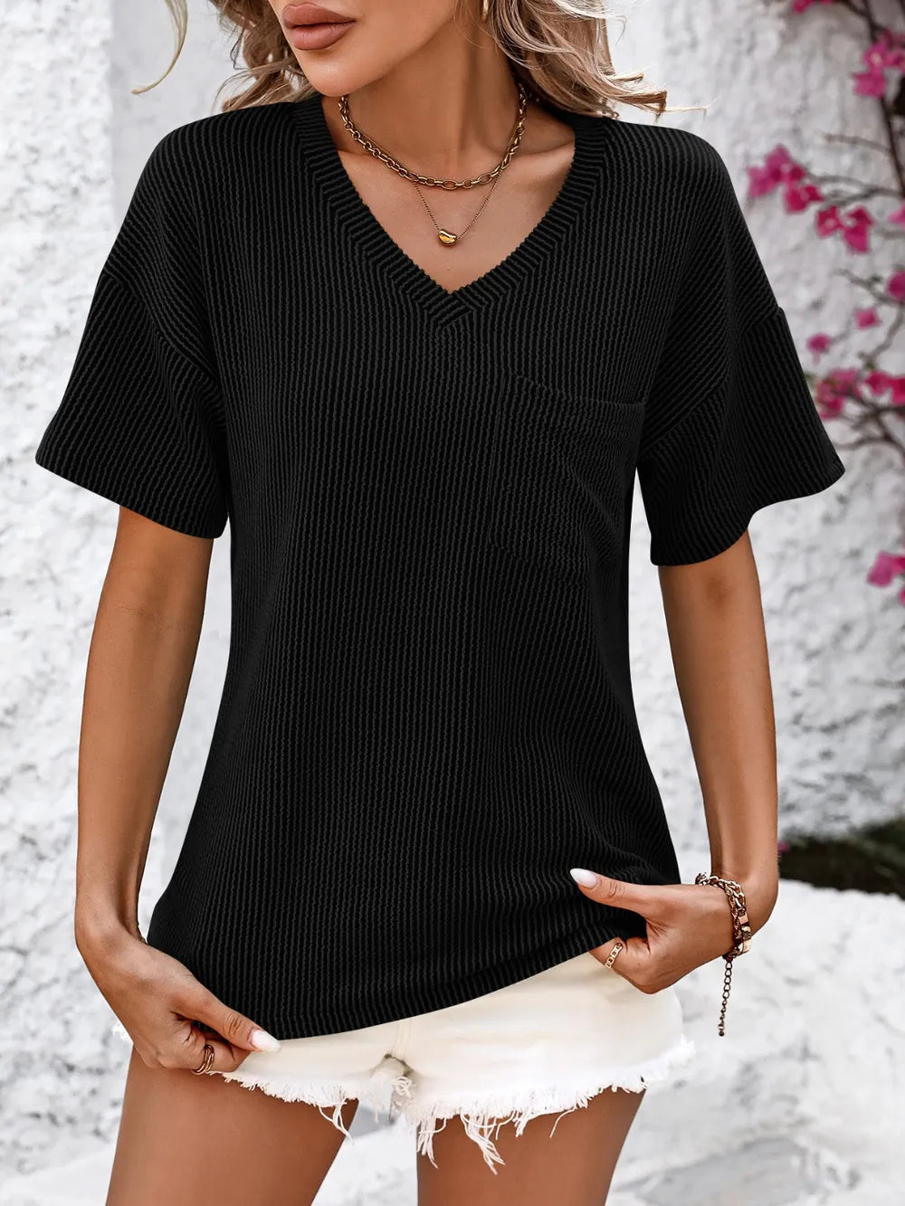 Mandy V-Neck Dropped Shoulder T-Shirt - Byyde