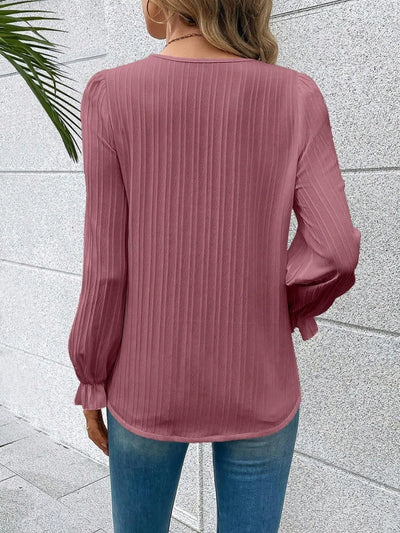 V-Neck Lace Detail Flounce Sleeve Blouse - Byyde