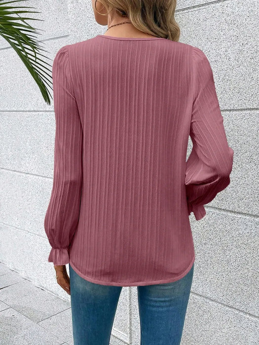 V-Neck Lace Detail Flounce Sleeve Blouse - Byyde